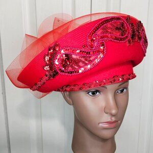 Mr Hi's Vintage Red Church Hat Wool Derby Beads Sequin Tulle Bow Formal USA